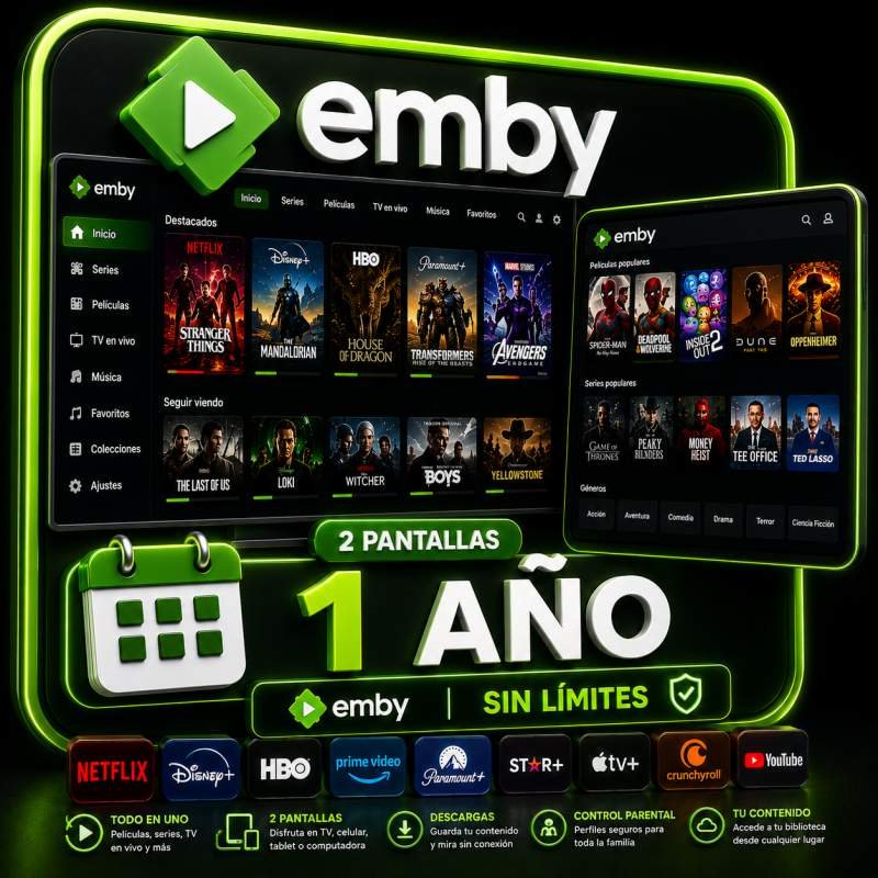 EMBY 2 PANTALLAS 1 AÑO