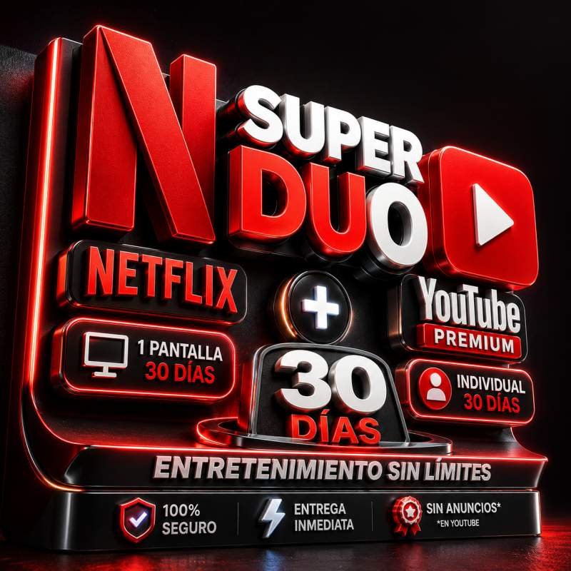 NETFLIX 1 PANTALLA 30 DIAS + YOUTUBE PREMIUM 30 DIAS 